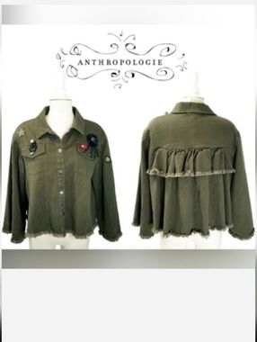 Anthropologie Guest Editor Ruffle Back Raw Hem Army Green Patch Swing Jacket M